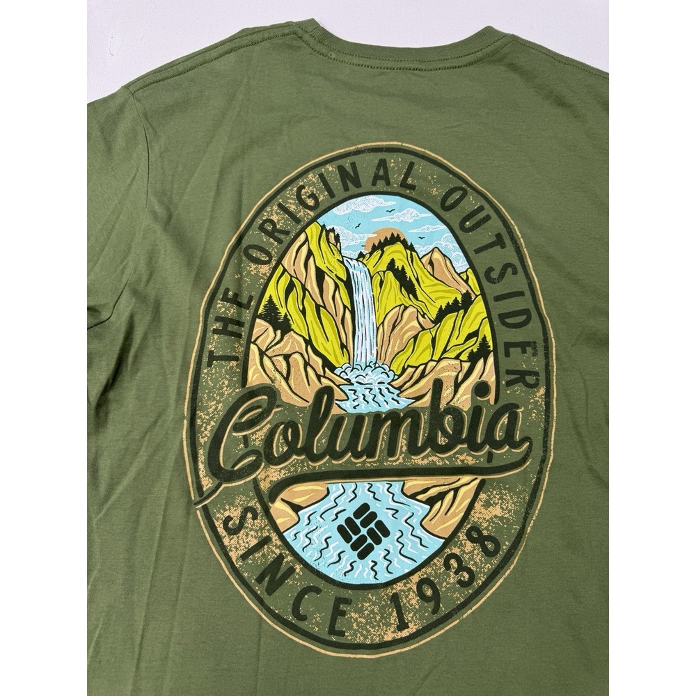 Columbia Graphic T-Shirt Mens Medium Green Short Sleeve NWT Waterfall Hiking